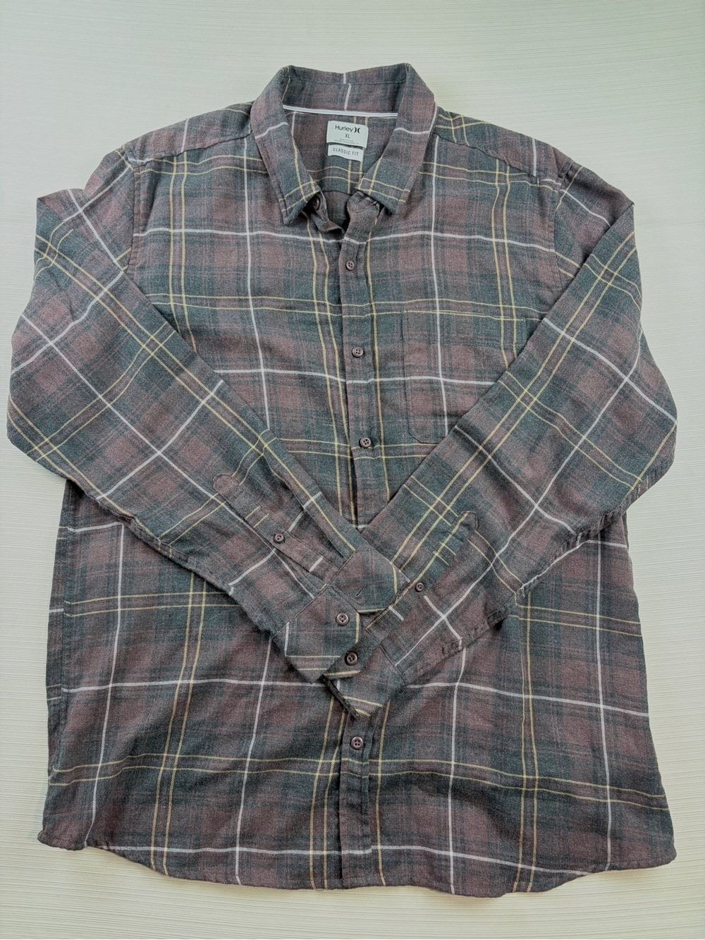 Hurley Men's Plaid Button-Down Shirt - Gray and Burgundy with Yellow Accents